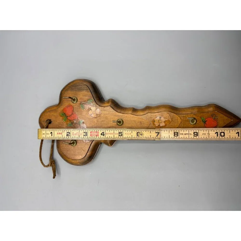 Vtg Decorative Wooden Key Shaped Wall Hook Strawberry Flower Hanging
